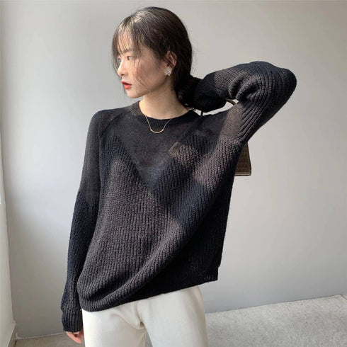 Loose Micro-Openwork Round Neck Pullover